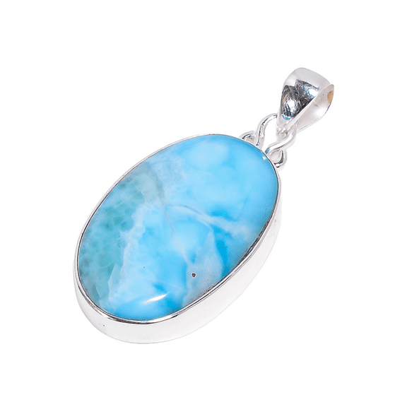 Natural Large Oval Blue Larimar Stone 925 Sterling Silver Statement Pendant Necklace