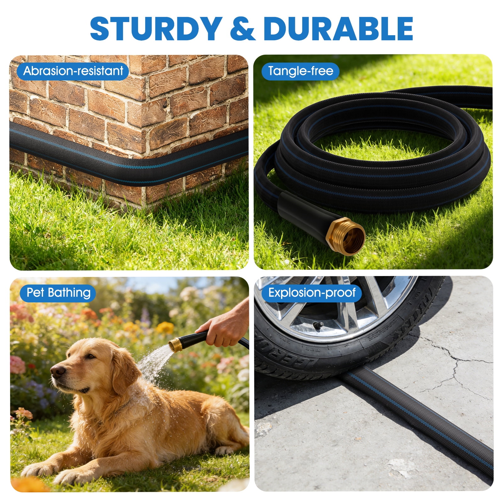 Haeteir 50ft Non-Expanding Garden Hose, Lightweight & Kink-Free, Flexible Heavy Duty Water Hose for Lawn, Yard, Car Washing (3/4" Solid Brass Fittings, Crush-Resistant)
