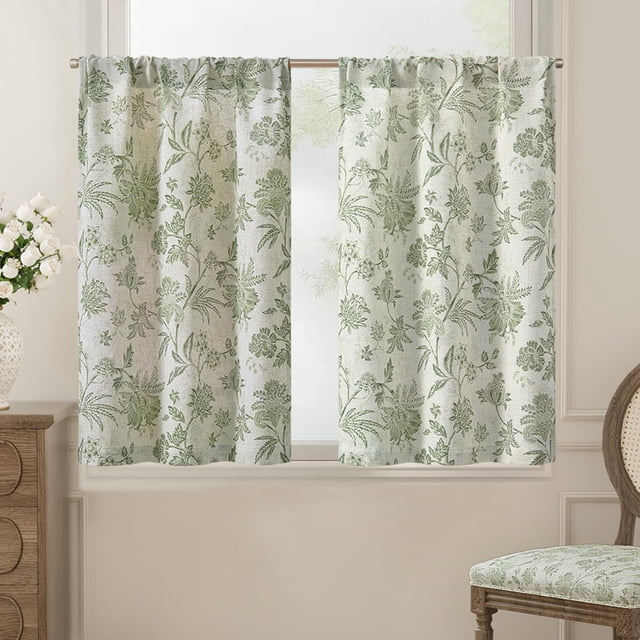 Cortina Jinchan con estampado floral de lino, 61 x 61 cm, 2 paneles, color verde salvia