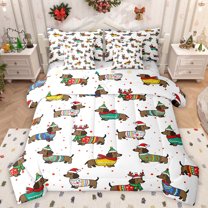 Manfei Christmas Dachshund Kids Bedding Comforter Set 7pcs, Kawaii Cartoon Dog Animal King Bedding Sets, Fashion Polkadots Reversible Bed Sheets, Microfiber Bedroom Decor
