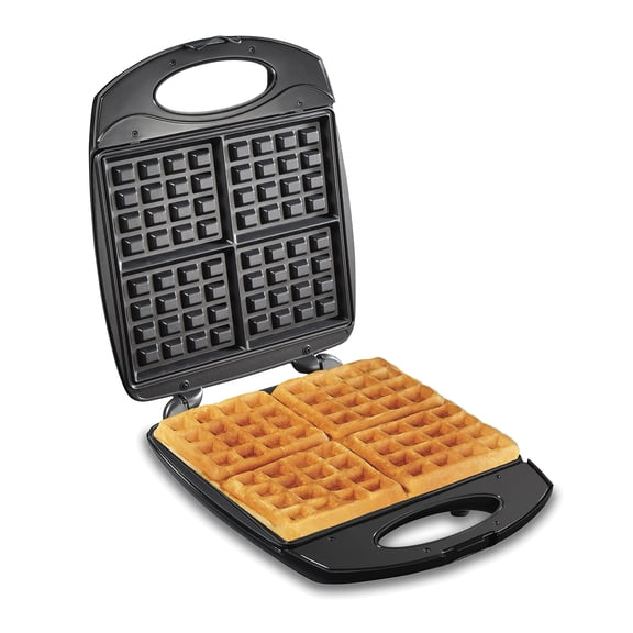 Hamilton Beach Non-Stick Belgian Waffle Maker with Indicator Lights, Makes 4 4" x 5" Mini Waffles, Hashbrowns or Keto Chaffles at Once, Compact Design for Easy Storage, Black & Stainless Steel (26020