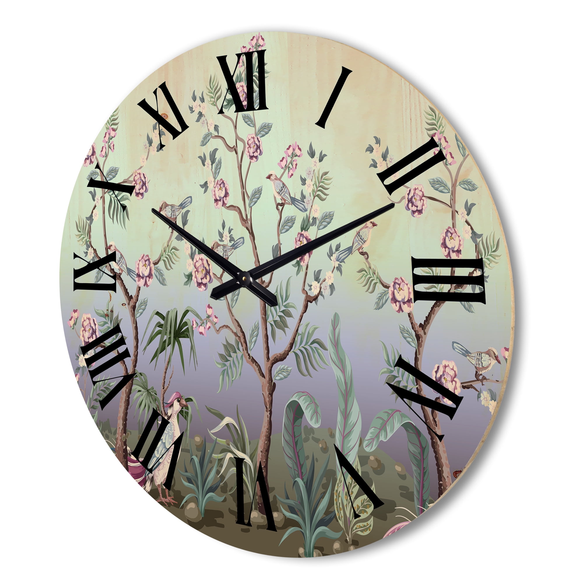 Designart 'Chinoiserie With Peonies and Birds II' Traditional Wood Wall Clock