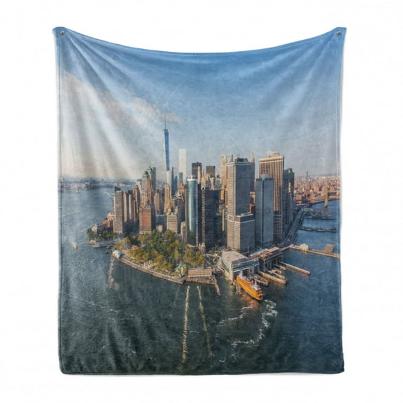 NYC Scene Soft Flannel Fleece Throw Blanket, Real Life Image of Downtown Aerial View Panoramic Cityscape Landmark Manhattan, Cozy Plush for Indoor and Outdoor Use, 70" x 90", Multicolor, by Ambesonne