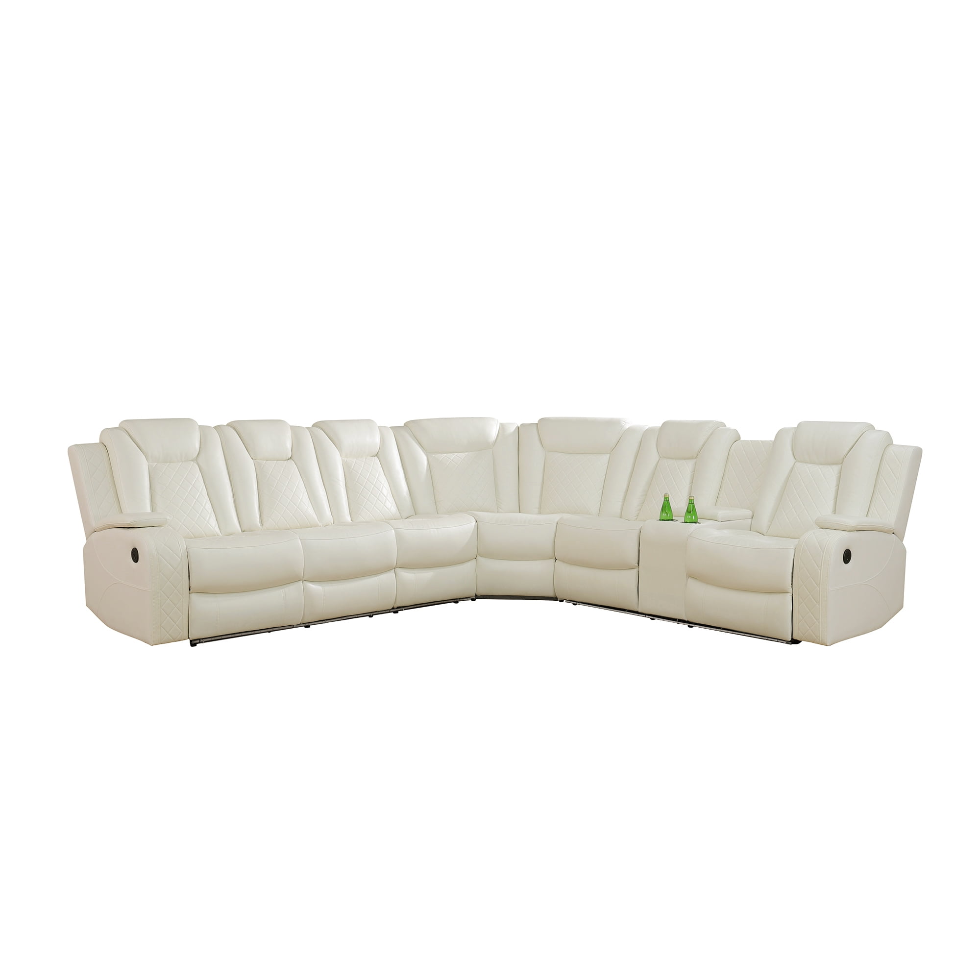 MAYEERTY 6-Seater Recliner Sofa Set, Intelligent Sectional Sofa with Wireless Charger, LED & Storage, Breathable Leather for Living Room, Off-White