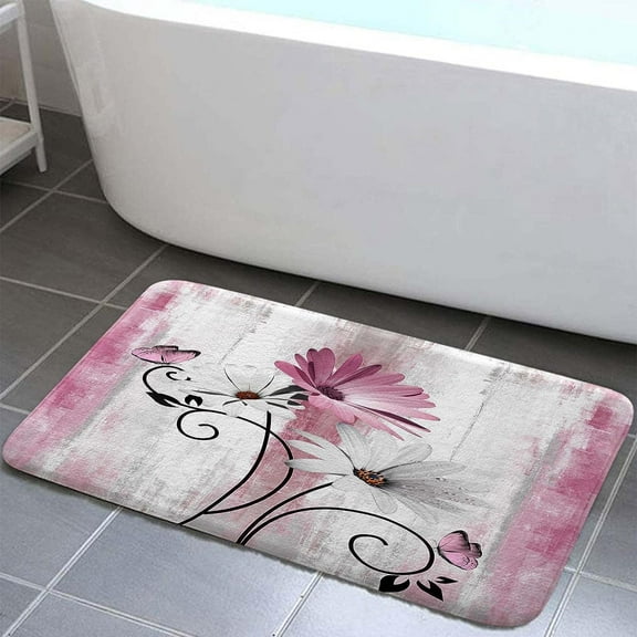 Rustic Farmhouse Bath Mat, Farm Pink Daisy Floral Flowers Butterfly Country Wooden Bath Rug for Bathroom, Grey White Bath Mat Soft Non Slip Bath Rugs, 16X24IN