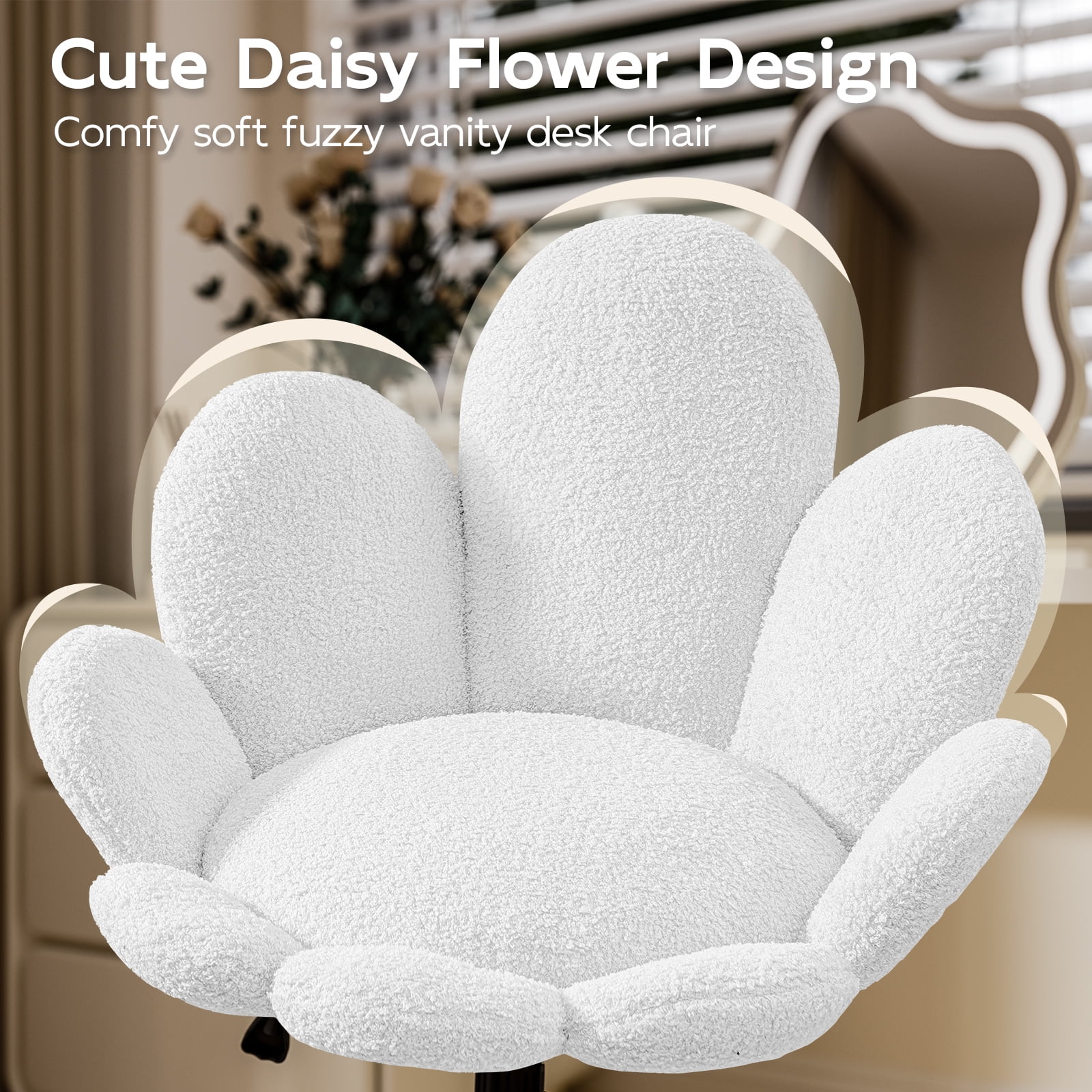 Solfway White Vanity Chair with Wheels and Back, Cute Daisy Flower Comfy Upholstered Fuzzy Vanity Desk Chair for Girls Makeup, Swivel Rolling, and Height Adjustable