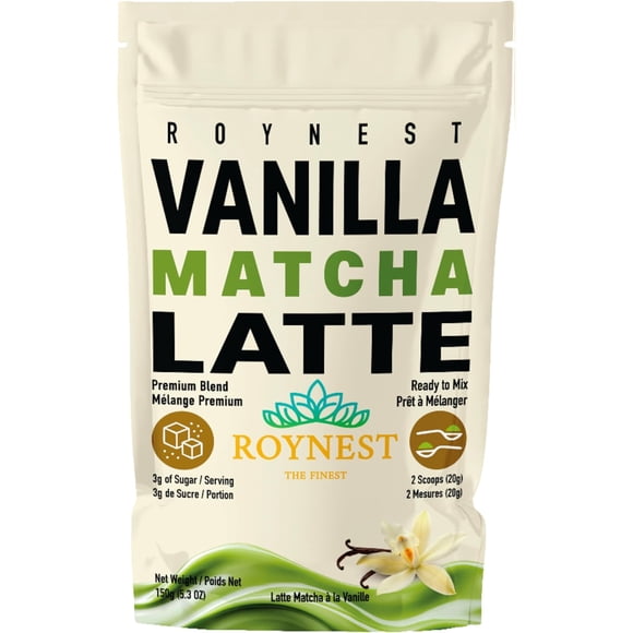 Roynest Poudre de Latte au Matcha à la Vanille / Latte au Matcha à la Vanille Prêt à Mélanger pour Lattés Glacés, Smoothies et Boissons Froides / Énergie Propre / Pochette Refermable de 150 g / 1 Paquet