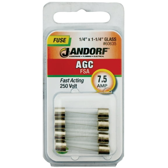 Jandorf 60635 Cartridge Fast-Acting Fuse, 7.5 A, 250 V, 10 kA at 125 VAC, 200 A at 250 VAC IR