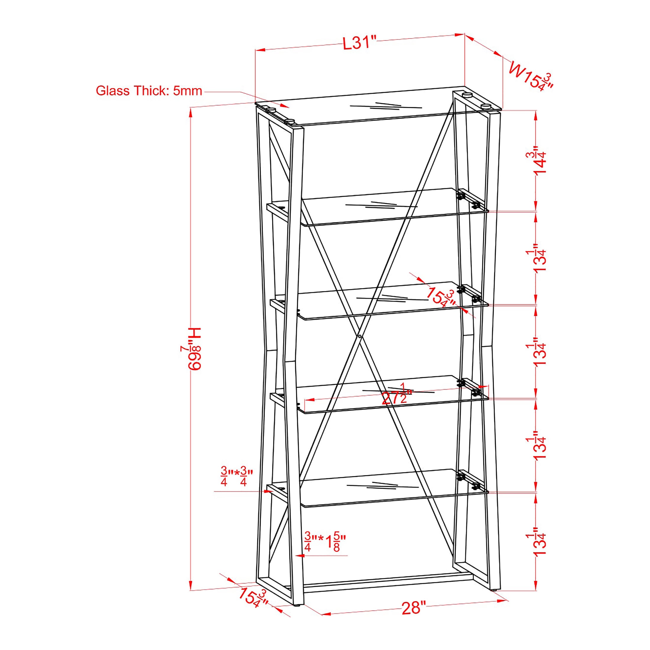 Furniture of America Bijou Metal 4-Shelf Bookcase, Gold