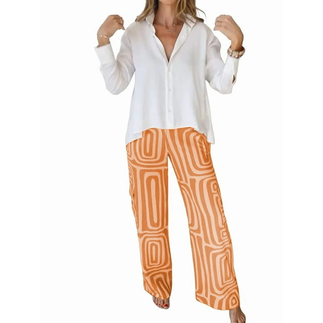 Conjunto de Dos Piezas para Mujer, con Estampado Geométrico, Pantalones de Cintura Alta y Camisa Sencilla. Color Naranja S