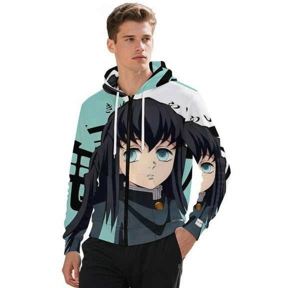 Demon Slayer Tokito Muichiro Jacket Casual Oversized Hoodie Stylish Zipper Hooded Sweatshirt Warm Loose Outerwear S