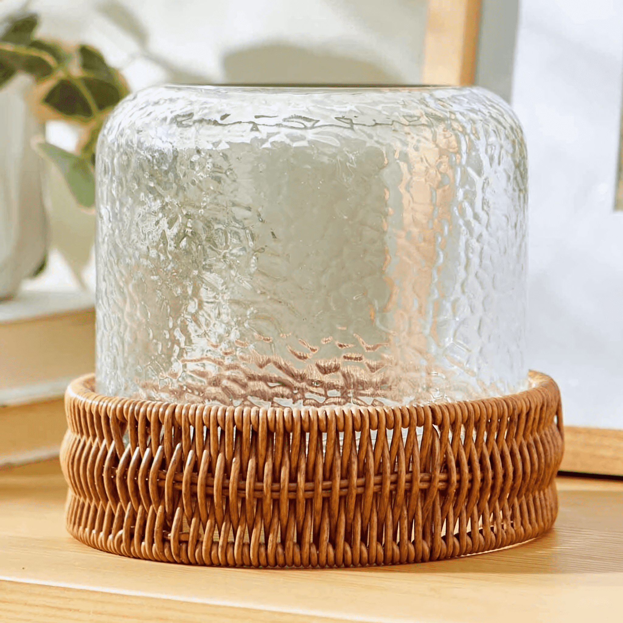Better Homes & Gardens 7" Decorative Clear Hammered Glass Hurricane Pillar Candle Holder with Brown Woven Base