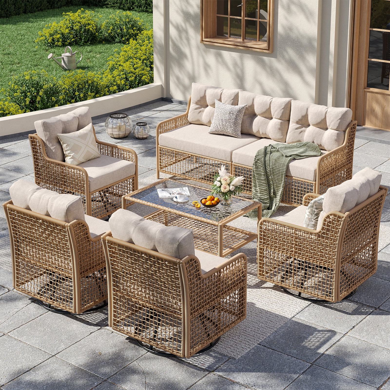 ELPOSUN 7-Seat Outdoor Patio Furniture Set, Wicker Rattan Outdoor Furniture Set with Swivel Chairs & All-Weather Thickened Cushions for Garden, Porch, Backyard, and Poolside, Beige