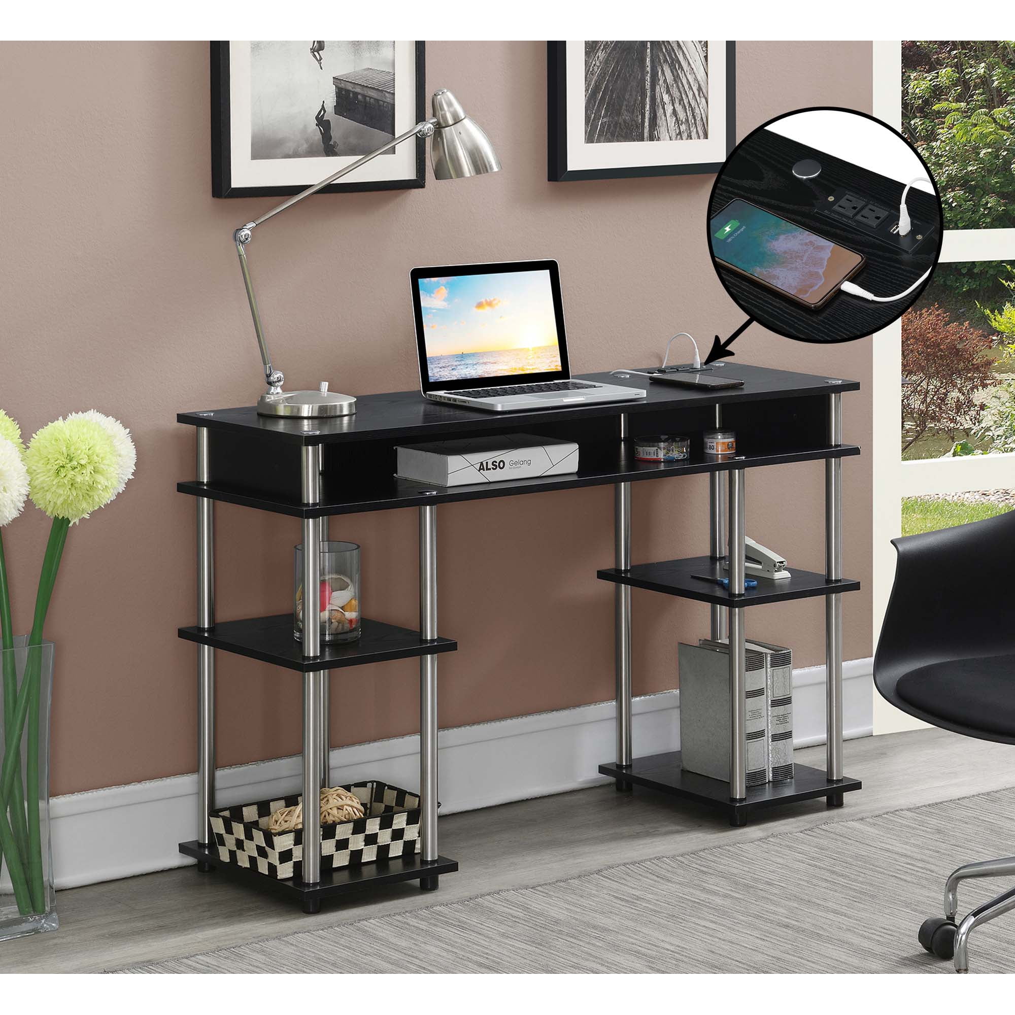 Convenience Concepts Designs2Go 30" Tall No Tools Student Desk with Charging Station and Shelves, Black