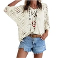 thumbnail image 2 of Women's Bohemian-Inspired Beige Crochet Top with V-Neck,Summer Crochet Long Sleeve Sexy Tops,Beach Cover Ups Beige 2XL, 2 of 7