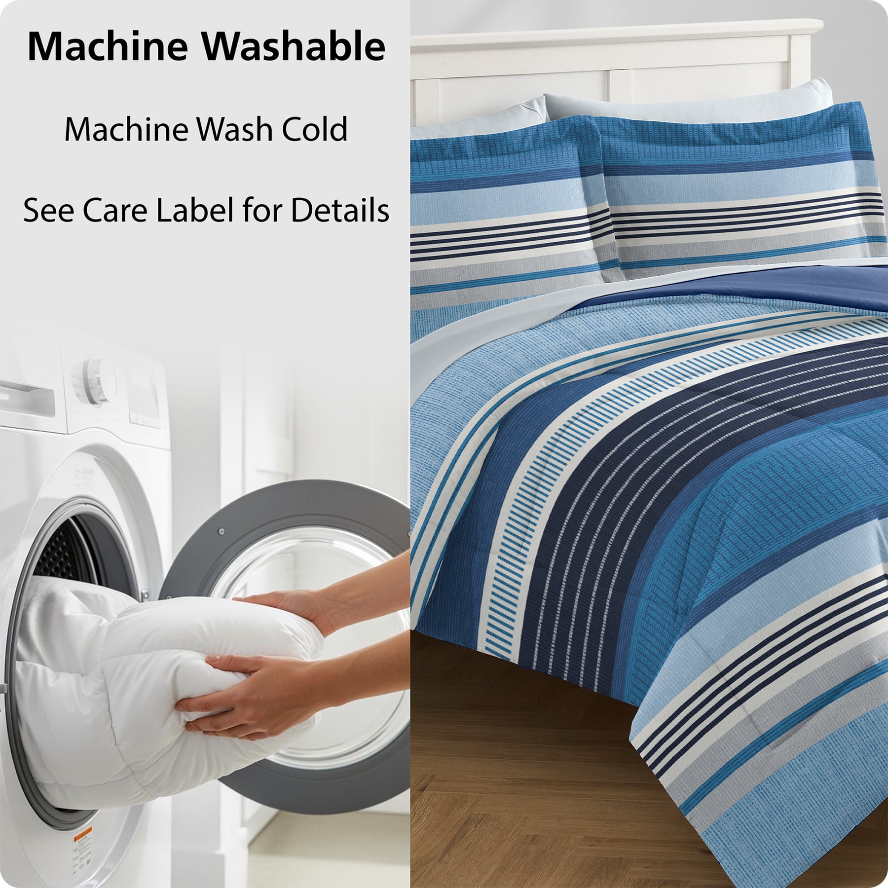 Mainstays All in One Reversible Comforter and Sheet set- 7 Piece, Full, Blue Stripe