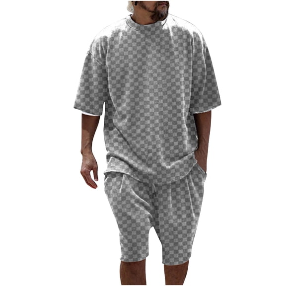 Stamzod Men's Track Suits Oversize Fashion Plaid Print 2 Piece Summer Short Sets Outfit Casual Short Sleeve T Shirt and Shorts Set