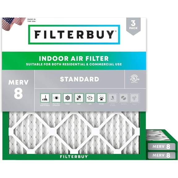Filterbuy 15.25x15.25x1 MERV 8 Dust Defense, Pleated HVAC AC Furnace Air Filters (3-Pack)