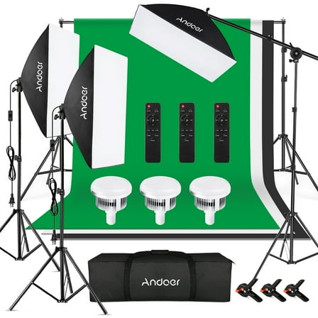 Andoer Studio Photography Light Kit Softbox Lighting Set Including 85W 2800K-5700K Bi-color Temperature LED Light * 3   50x70cm Softbox * 3   2M Light Stand * 3   Boom Arm * 1   Remote Contr