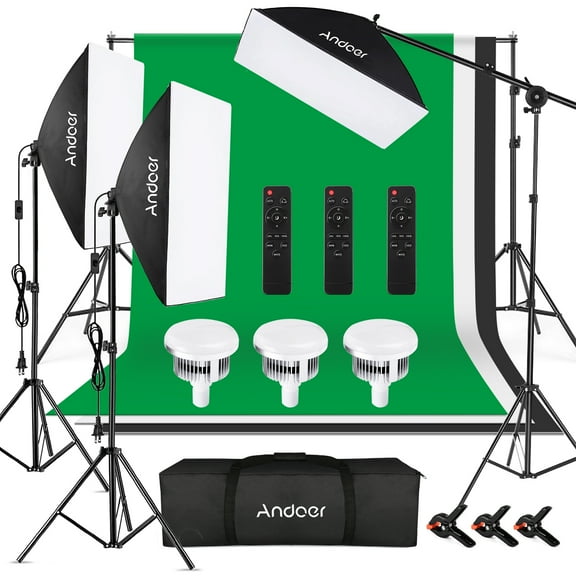 Andoer Studio Photography Light Kit Softbox Lighting Set Including 85W 2800K-5700K Bi-color Temperature LED Light * 3   50x70cm Softbox * 3   2M Light Stand * 3   Boom Arm * 1   Remote Contr
