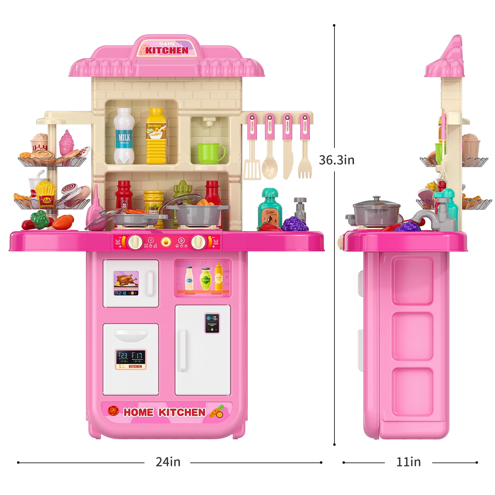Dinosaur Planet Pink Play Kitchen Girls Toy Pretend Food - Kitchen Toys for Kids Ages 4-8,Play Kitchen Accessories w/ Real Sounds Light, for Girls Boys Age 3+(36.3"x24"x11")