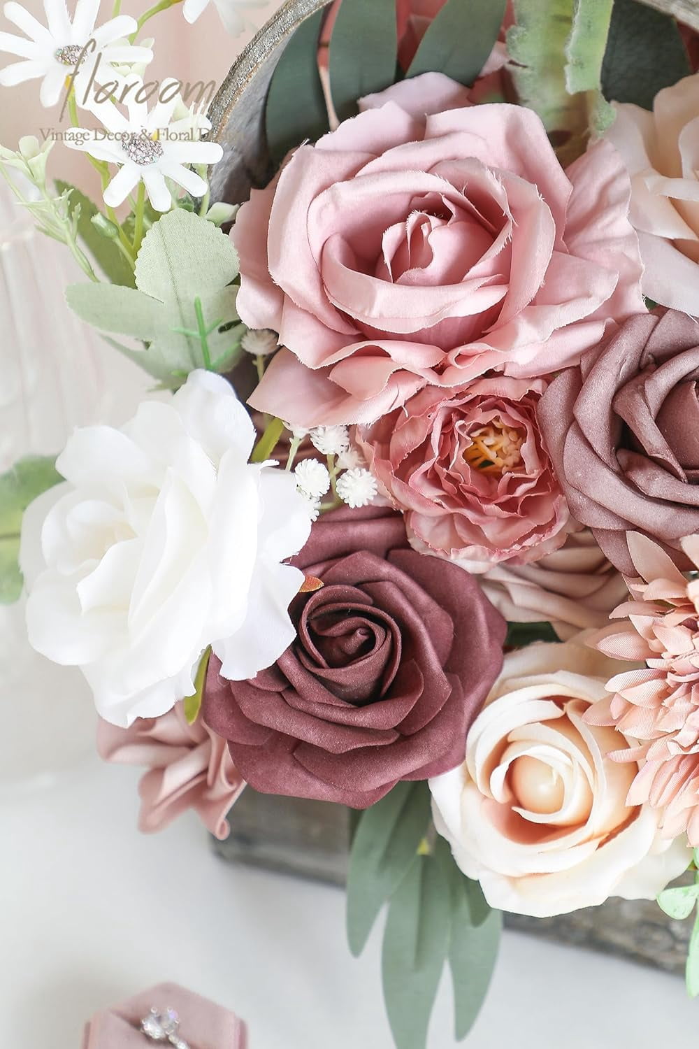 Dusty Rose Cream Artificial Flowers Fake Roses Peonies and Greenery Combo Box Set for DIY Wedding Bouquets Bridal Shower Centerpieces Floral Arrangements Party Tables Home Decorations