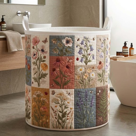 Wildflower Quilted Laundry Basket: Vintage Patchwork Storage Bin, Large Foldable Basket