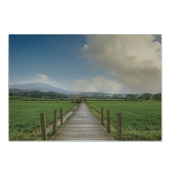 Country Cutting Board, Rural Scenery with Wooden Path and House Under Cloudy Sky Mountain Serenity Nature, Decorative Tempered Glass Cutting and Serving Board, Small Size, Green Blue, by Ambesonne