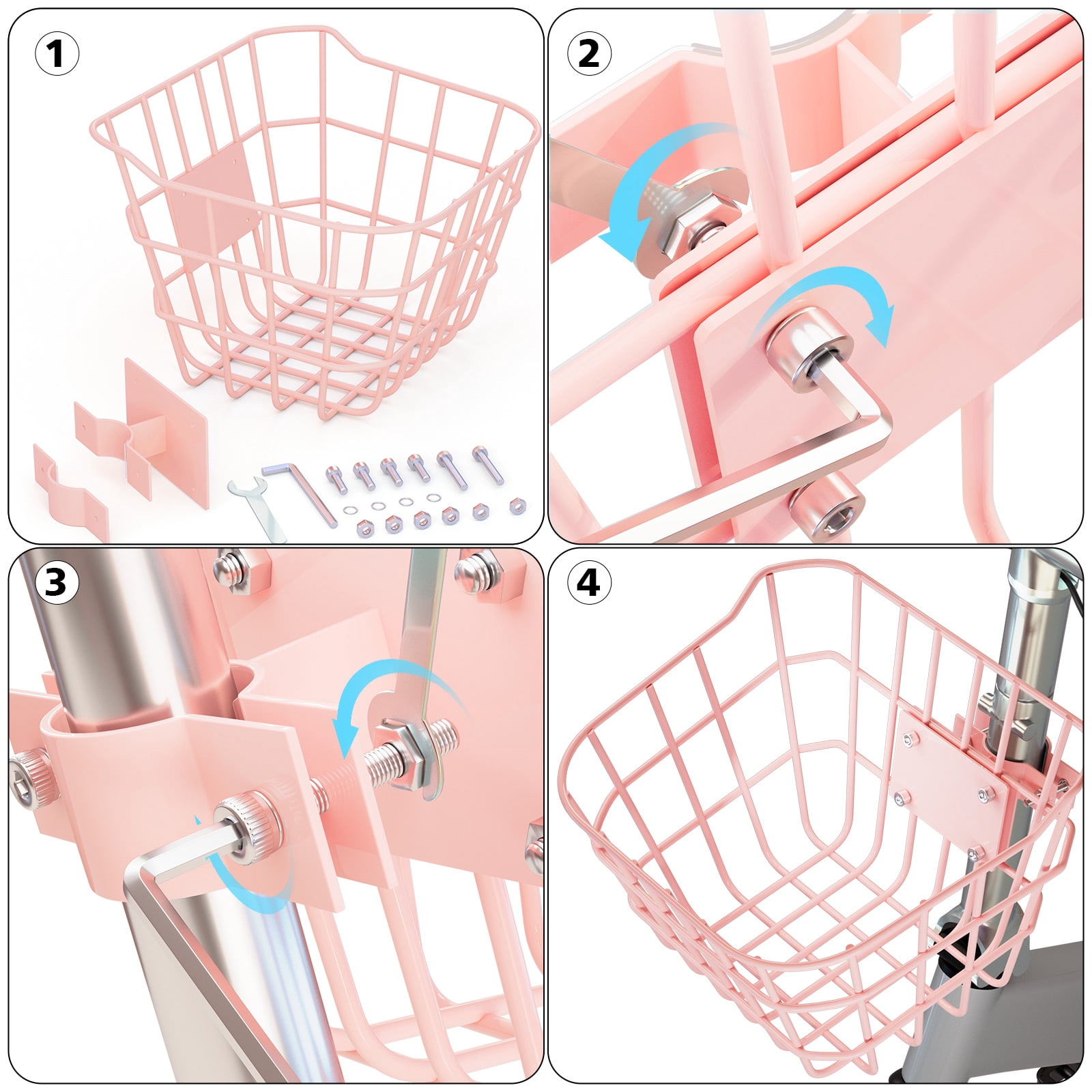 Pink Metal Anti-Sag Front Bicycle Basket for Scooters