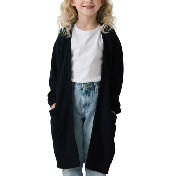 Girls Duster Sweater, Solid Color Lightweight Long Knit Jacket, Perfect Over Leggings & Dresses for School, Travel & Weekend Wear,Black,120