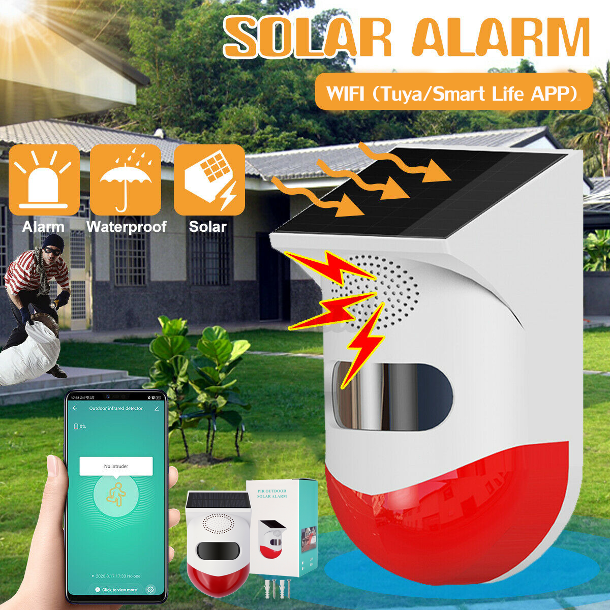 Alarma Sensor Inteligente Exterior Pir Solar Wifi con Sirena 120