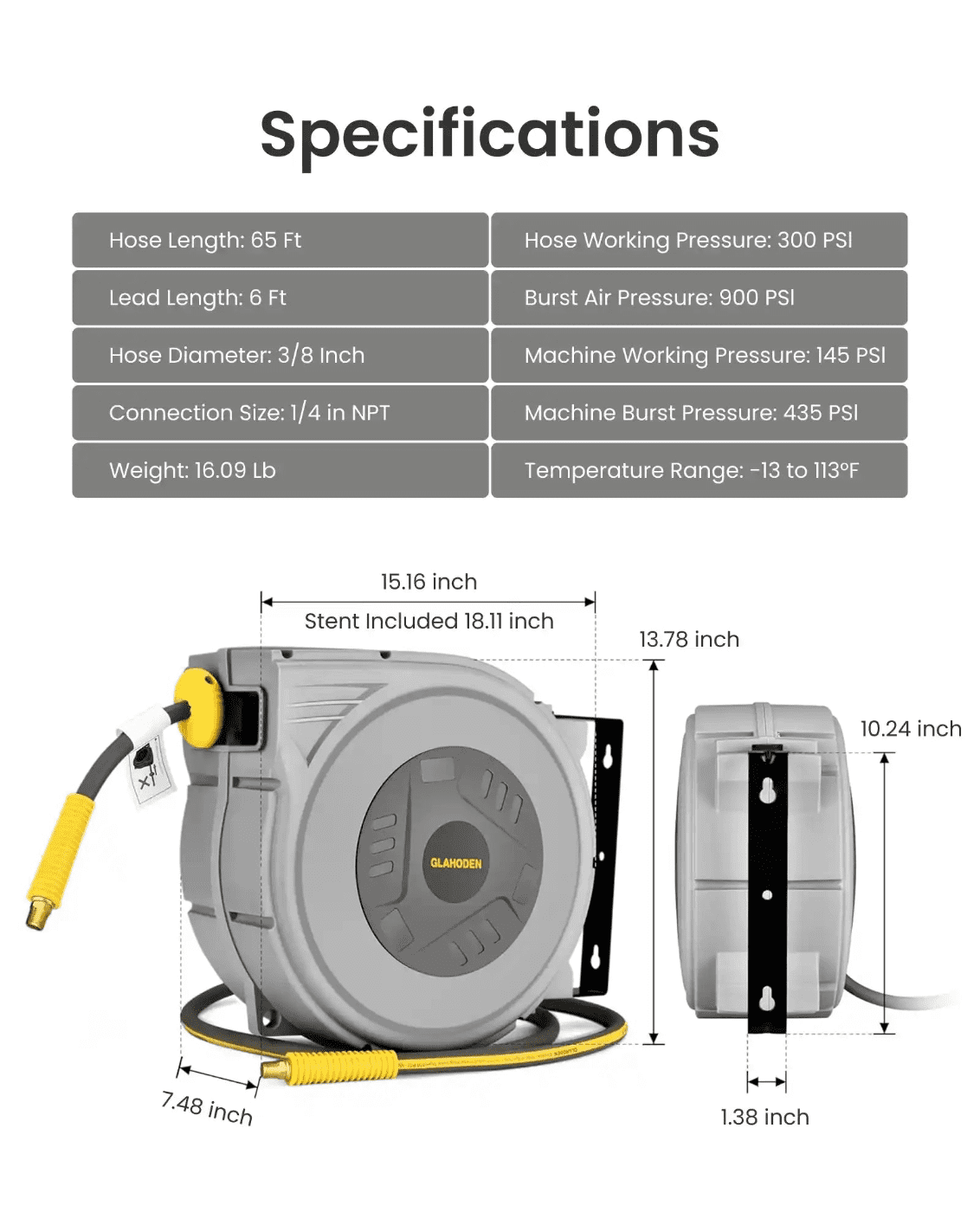 Glahoden Retractable Air Hose Reel, 3/8 in 80 ft Hybrid Hose Air Compressor Hose Reel with 6 ft Lead in Max 300 psi 180°Swivel Bracket Quick Coupler