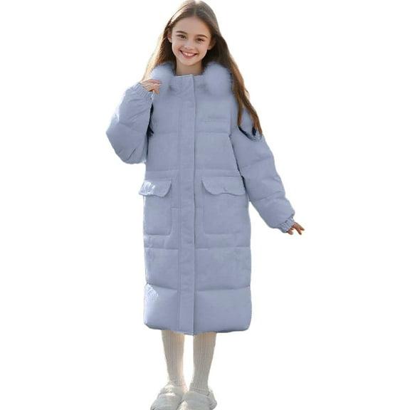 NAISIBABY Girls Parka with Fuzzy Hooded 7T, Thermal Zip Up Windproof Winter Over Knee Length Puffer Coat Blue (3-15T)
