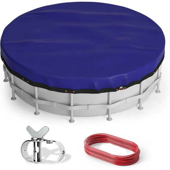 10 Ft Round Pool Cover Above Ground: Swimming Pool Cover Protector with Steel Rope - All Season Inflatable Pool Cover for UV Resistant, Waterproof and Dustproof, Durable & Easy to Install (Blue)