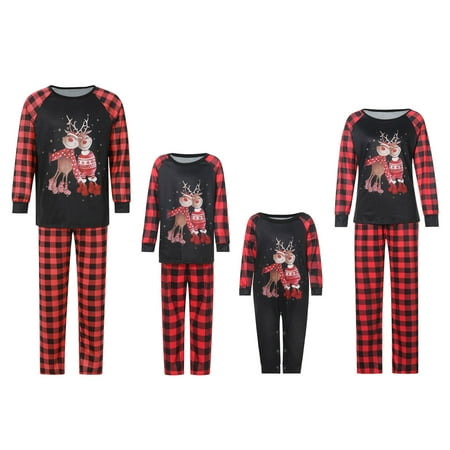 

Biekopu Family Matching Pjs Set 2PCS Merry Christmas Deer Print Long Sleeve Tops+Plaid Pants Sleepwear Loungewear