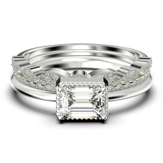 Minimalist 2.00 Carat Emerald Cut Diamond Moissanite Engagement Ring, Wedding Ring in 925 Sterling Silver With 18k White Gold Plating, Promise Ring, Anniversary Ring, Trio Rings Set