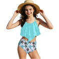 thumbnail image 2 of Girls High Waisted Two Piece Swimsuit Tween Flounce Halter Top Quick Dry Nylon Spandex Palm Tree Print Light Blue Beach Vacation Set 8-14 Years,Size 13-14T, 2 of 7