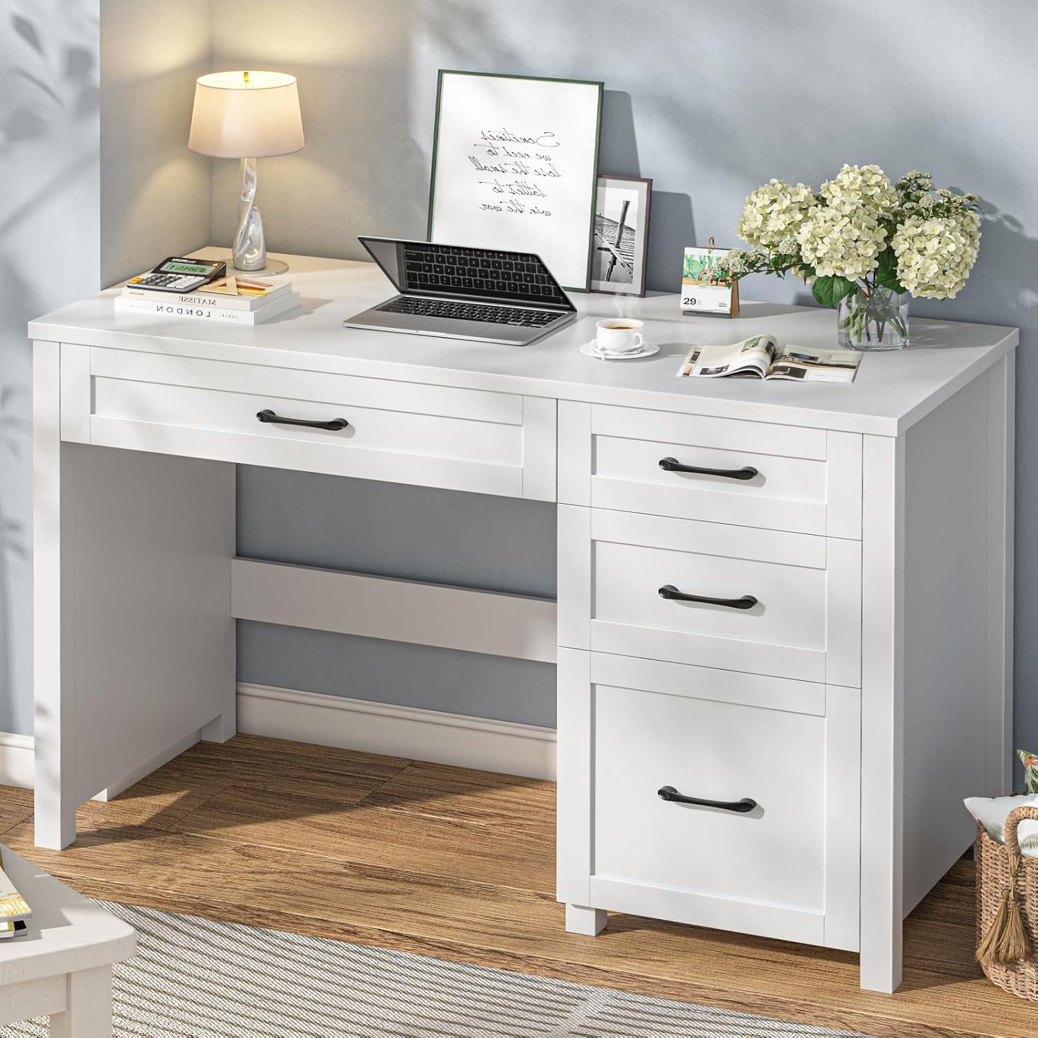 Farmhouse 47" Executive Desk with File Drawer, Computer Desk with 4 Drawers, Workstation for Study, Home Office, Writing, Pure Black.