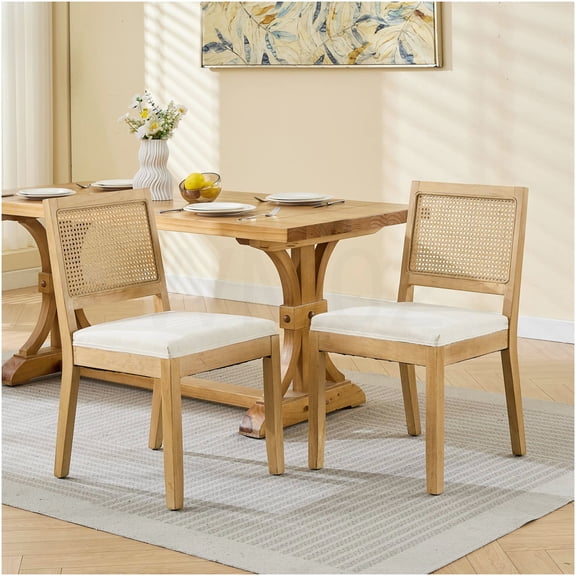COSMOS Farmhouse Modern Dining Chairs Set of 2, Cane & Linen Upholstered Side Chairs, Solid Wood Frame for Kitchen Dining Room