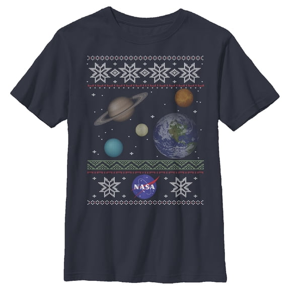 Boy's NASA Ugly Christmas Planet Print Graphic Tee Navy Blue Large