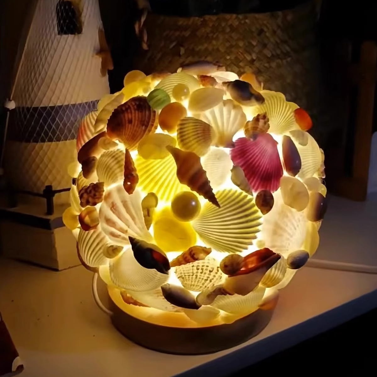 Handmade Sea Shell Night Light in Glass Dome with LED for Bedroom