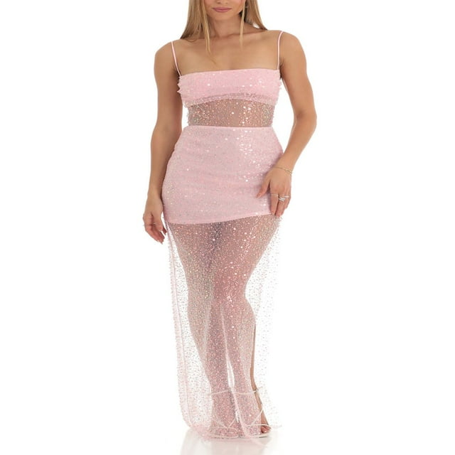 PENGXIANG Robe Longue à Paillettes pour Femmes Bretelles Spaghetti Été Bandage Dos Nu Maille Transparente Robe de Cocktail Fendue Noire S