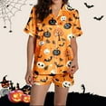 thumbnail image 4 of Xmyrz Pajama Sets For Women 2 Piece Outfits Casual Halloween Pumpkin Ghost Print Silk Satin Short Sleeve Button Up Shorts Set Sleepwear Pj Clothing Suits, 4 of 7