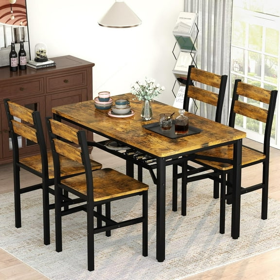 Baxluxe 4-person dining table set, farmhouse-style wooden kitchen dining table and chair set, farmhouse 5-piece dining table set with storage rack, small kitchen dining table set, rustic brown.