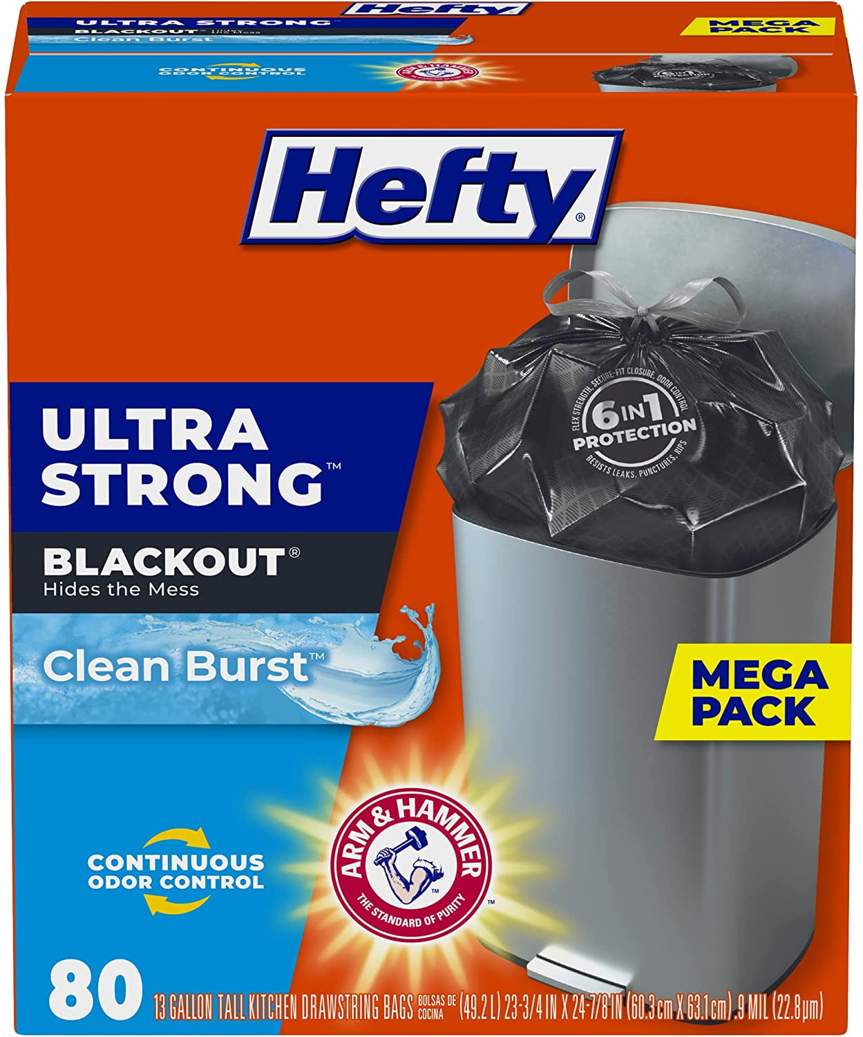 Hefty Ultra Strong Tall Kitchen Trash Bags, Blackout, Clean Burst, 13