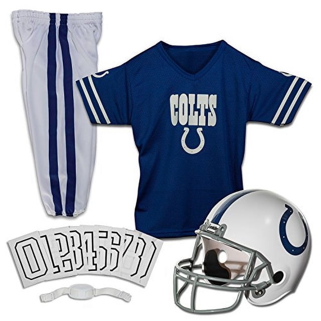 Conjunto de uniforme de fútbol para niños de Franklin Sports Indianapolis Colts: disfraz de fútbol juvenil de la NFL para niños y niñas, incluye casco, jersey y pantalones - Talla pequeña