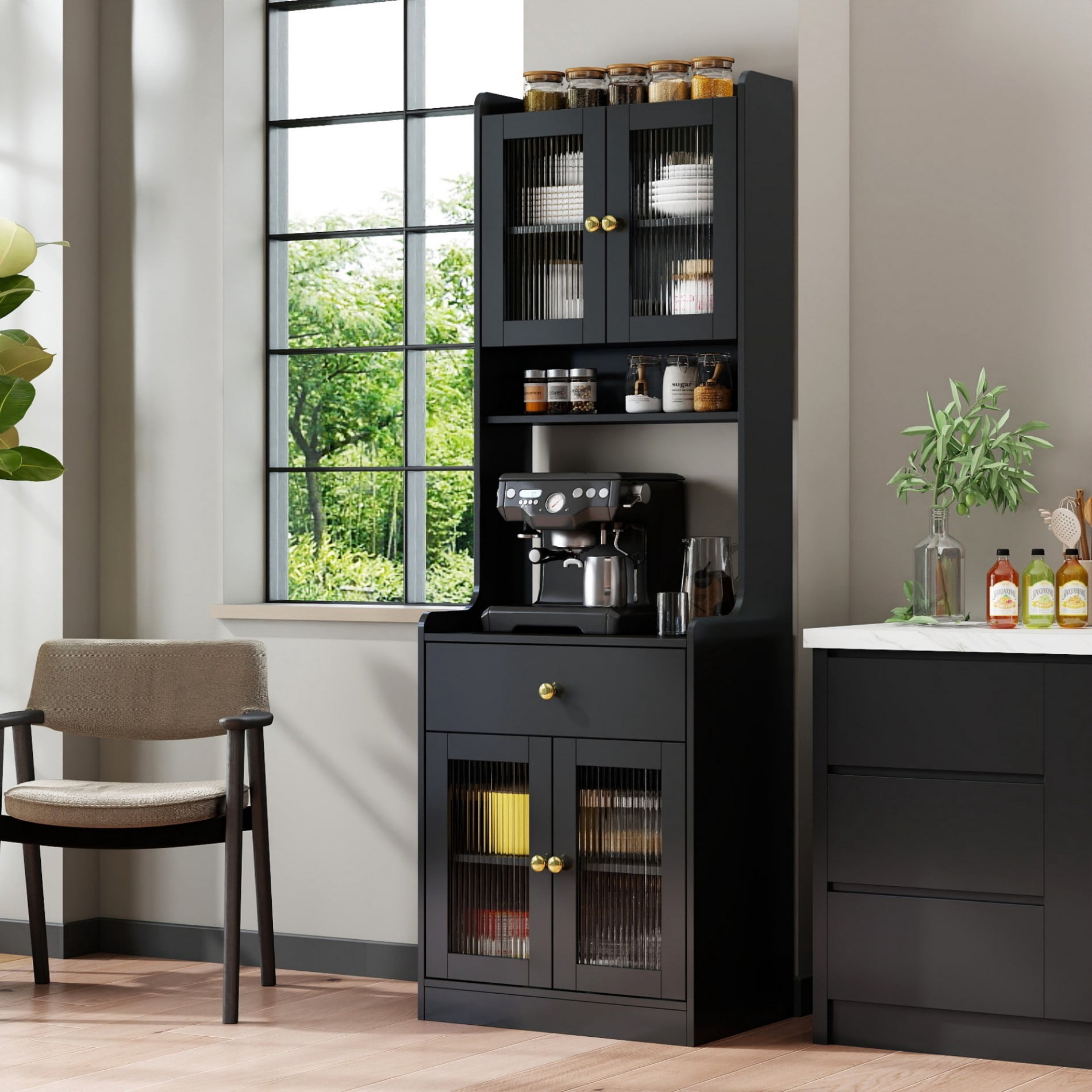 Kitchen Pantry Hutch Cabinet, Farmhouse Buffet Sideboard with Microwave Stand, Coffee Bar Cabinet with Storage Shelves and Drawer, Black
