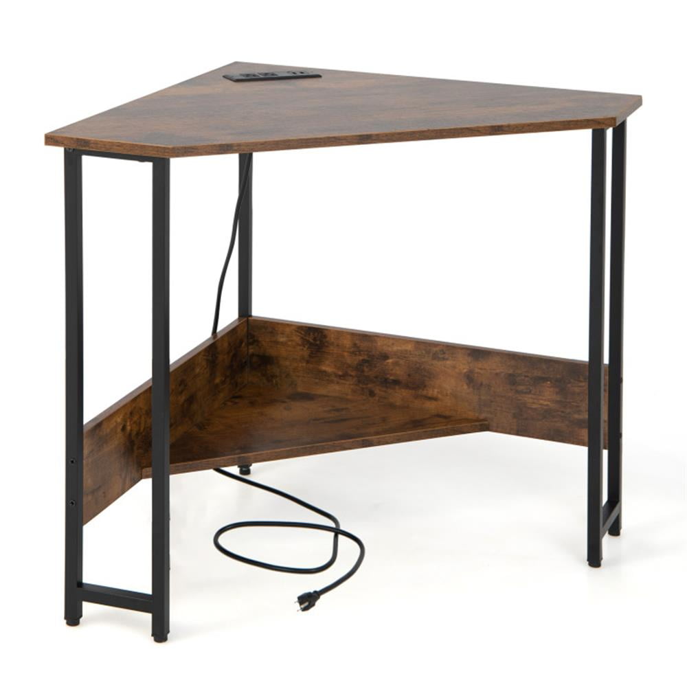 Demi Bonn Triangle Computer Corner Desk with Charging Station, Small Home Office Desk Study Writing Table, Brown