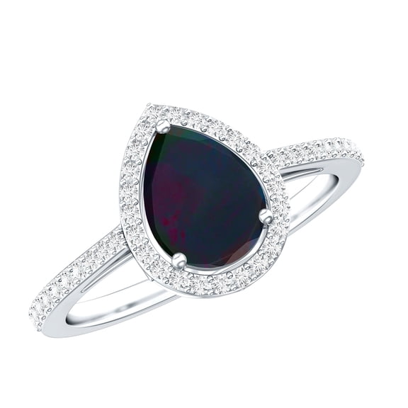 Rosec Jewels Classic Black Opal Teardrop Engagement Ring with Halo - 1 Carat - Real Black Opal Diamond Ring - AAA Quality, 925 Sterling Silver, US 4.00
