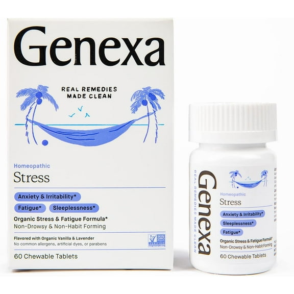 Genexa Stress for Adults | Anxiety Relief & Fatigue Remedy | Soothing Natural Vanilla & Lavender Flavor | Gluten Free & Non-GMO | Homeopathic Remedy Made Clean | 60 Chewable Tablets